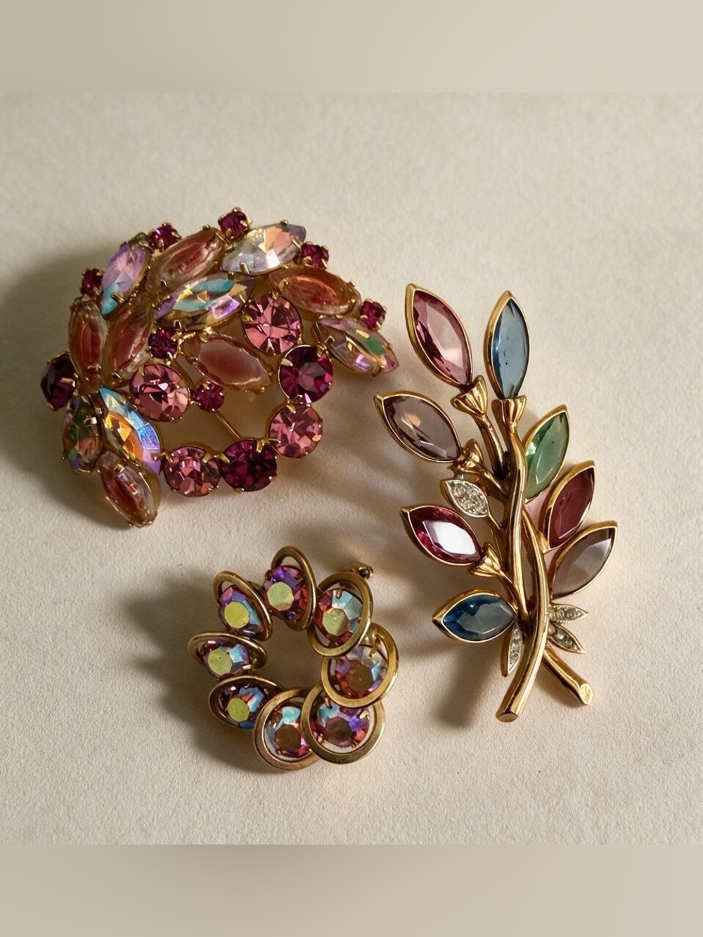 Set 3 Lot Multicolor Crystal Leaf Brooch - Gold Pink  Tone Women Jewelry